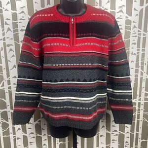Field Gear Red Black & Grey Striped Lambswool Quarter Zip Neck Sweater sz M